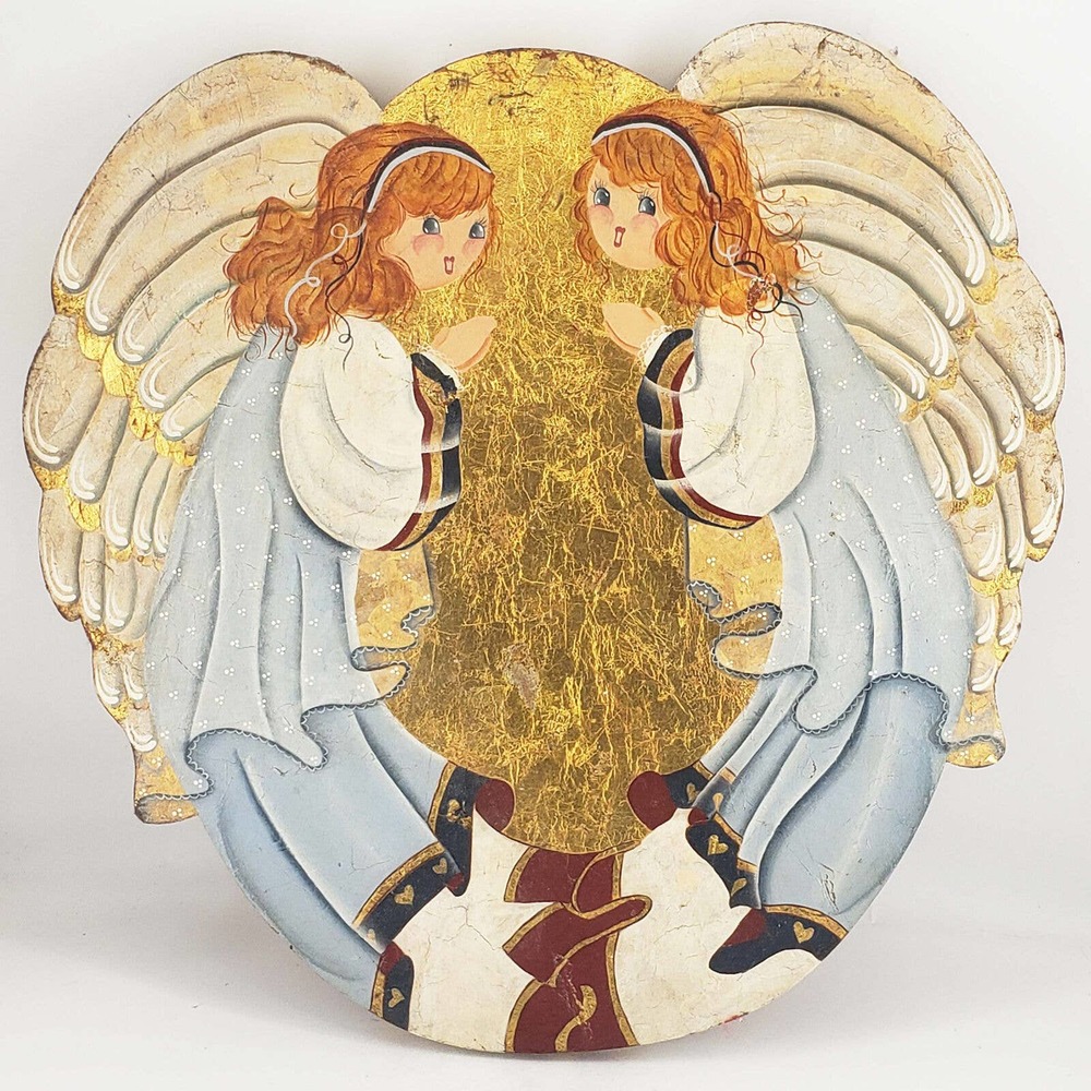 Hand Painted Gold Detail cute angels in blue dress on Wood 15"